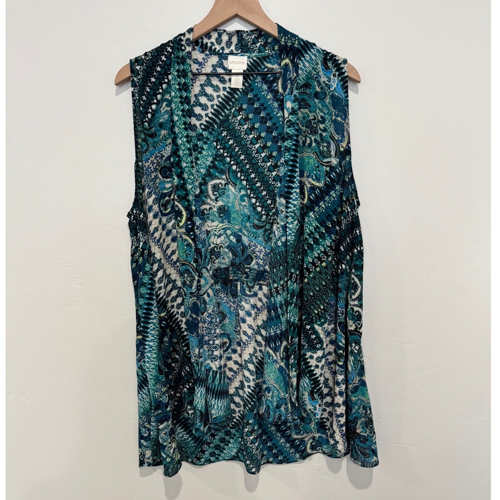 Chicos Blue Paisley Geometric Sleeveless Open Front Cardigan Vest Boho XL Size 3